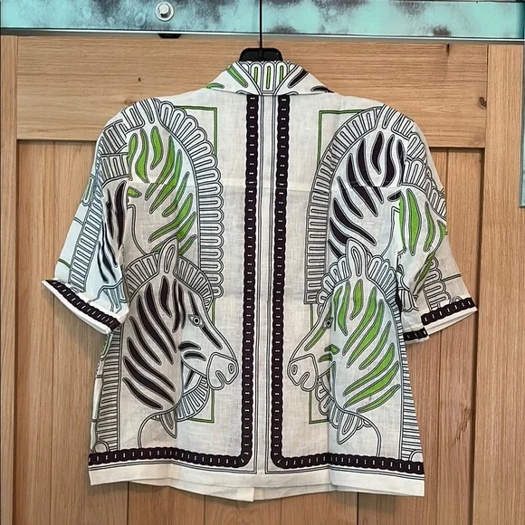 Tory Burch Printed Linen Camp Shirt – Ivory Zebra Scarf (Size Small) | NEW - Picture 6 of 8